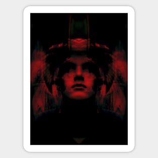 Portrait, digital collage, special processing. Dark, strong. Guy face looking up high. Fantasy. Red. Sticker